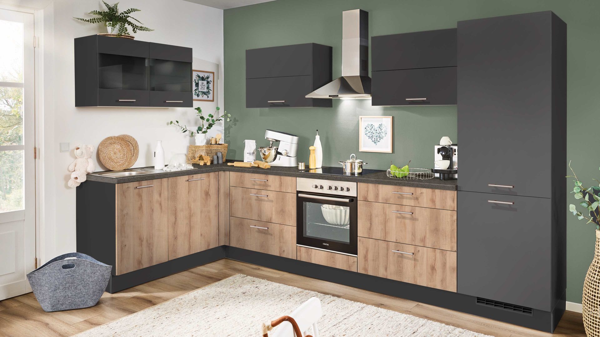 Einbauküche Pino küchen aus Holz in Dunkelgrau pino Einbauküche inklusive Einbaugeräte Honig Eiche & Grafit - Stellfläche ca. 175 x 347 cm