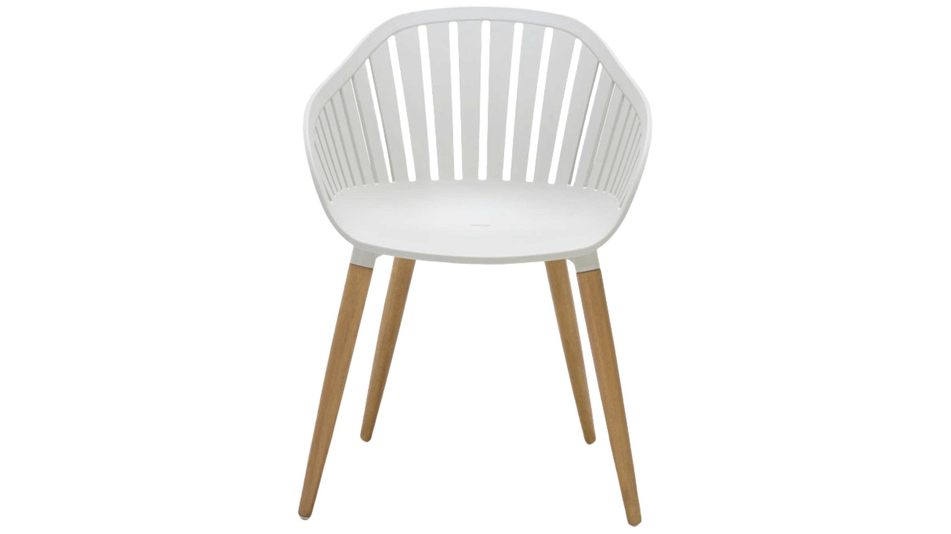 Gartenstuhl /-sessel Scancom aus Kunststoff in Weiß LifestyleGarden® Gartenmöbel-Serie Nassau - Armlehnstuhl cremeweißer Kunststoff & teakfarbenes Eukalyptusholz