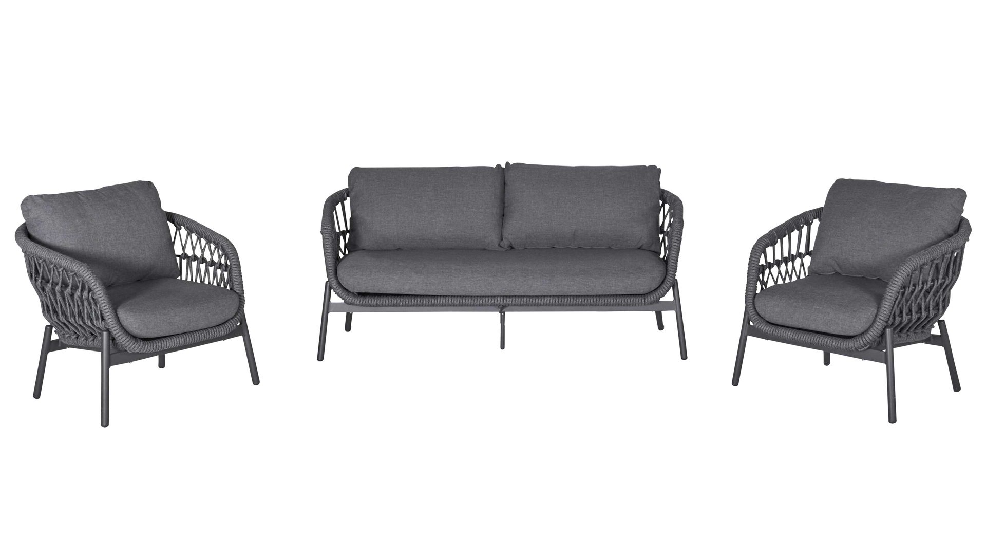 Lounge-Gruppe Wholesaler aus Kunstfaser in Grau Gartenmöbel Serie Bari - Lounge-Set mit Sitzpolstern anthrazitfarbenes Seilgeflecht & Aluminium - dreiteilig