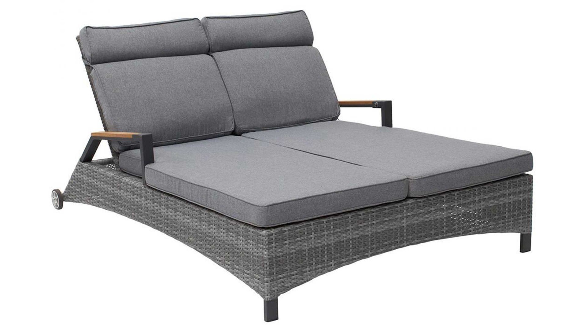 Gartenliege L.c. wholesaler aus Geflecht in Grau Gartenmöbel Serie Keramo - Doppelliege als Daybed naturgraues Polyrattangeflecht, Aluminium & Teakholz