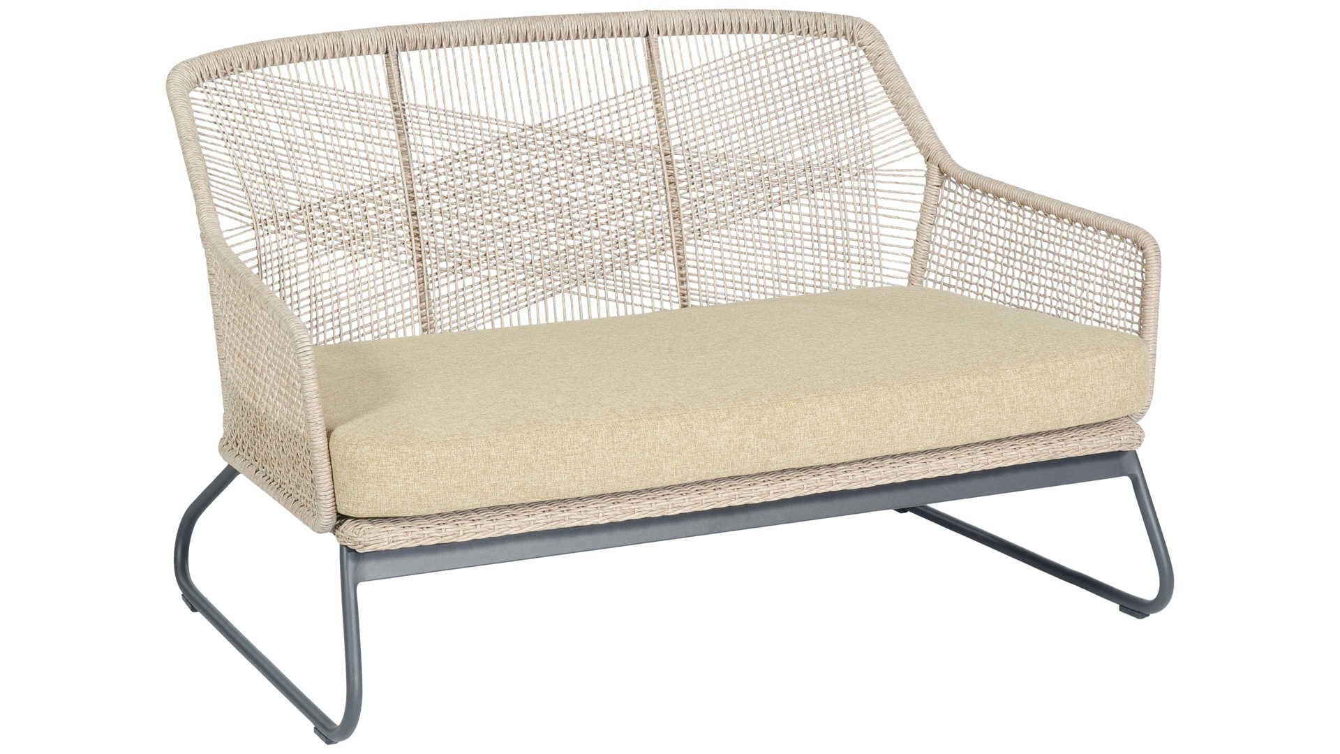 Gartensofa Sonnenpartner® | müsing aus Geflecht in Beige Loungemöbel Serie Couture - Loungesofa muschelweißes Rope & dunkelgraues Aluminium - Länge ca. 140 cm