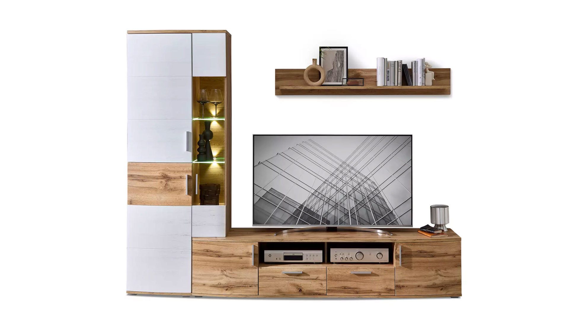 Wohnwand Innostyle aus Holz in Weiß Wohnzimmer Serie Jammy - Wohnwand mit Beleuchtung Weiß & Eiche Altholz Nachbildung - dreiteilig, Breite ca.  252 cm