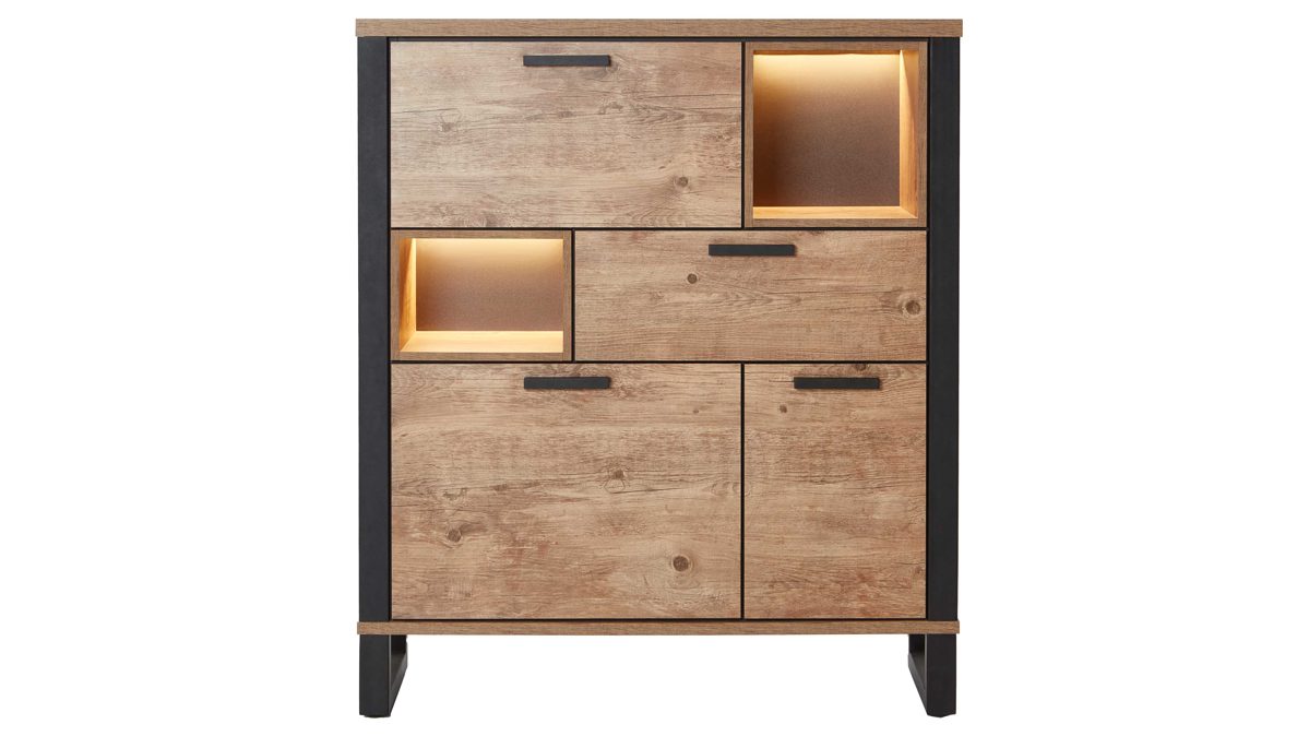 Highboard KAWOO aus Holz in Holzfarben KAWOO Esszimmer Serie Perth - Highboard Scheunenholz & Schwarz - drei Türen, eine Schublade, Breite ca. 120 cm