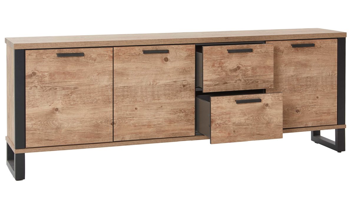 Sideboard WOODS & TRENDS aus Holz in Holzfarben WOODS & TRENDS Esszimmer Serie Perth - Sideboard Scheunenholz & Schwarz - drei Türen, zwei Schubladen, Breite ca. 190 cm