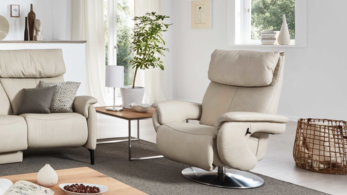 Relaxsessel comfortmaster besser sitzen, liegen, leben aus Leder in Weiß Comfortmaster 7304 - Easy-Swing-Sessel 52N klifffarbenes LongLife-Leder & edelstahlfarbener Tellerfuß