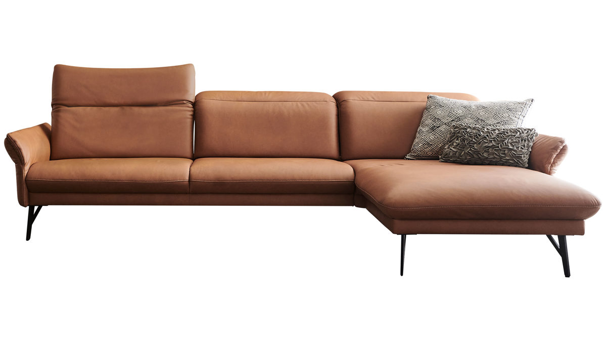 Ecksofa Himolla aus Leder in Braun himolla Polsterprogramm 1385-Promotion - Ecksofa nussfarbenes LongLife-Leder LG18 & anthrazitfarbene Metallfüße - Stellfläche ca. 304 x 175 cm