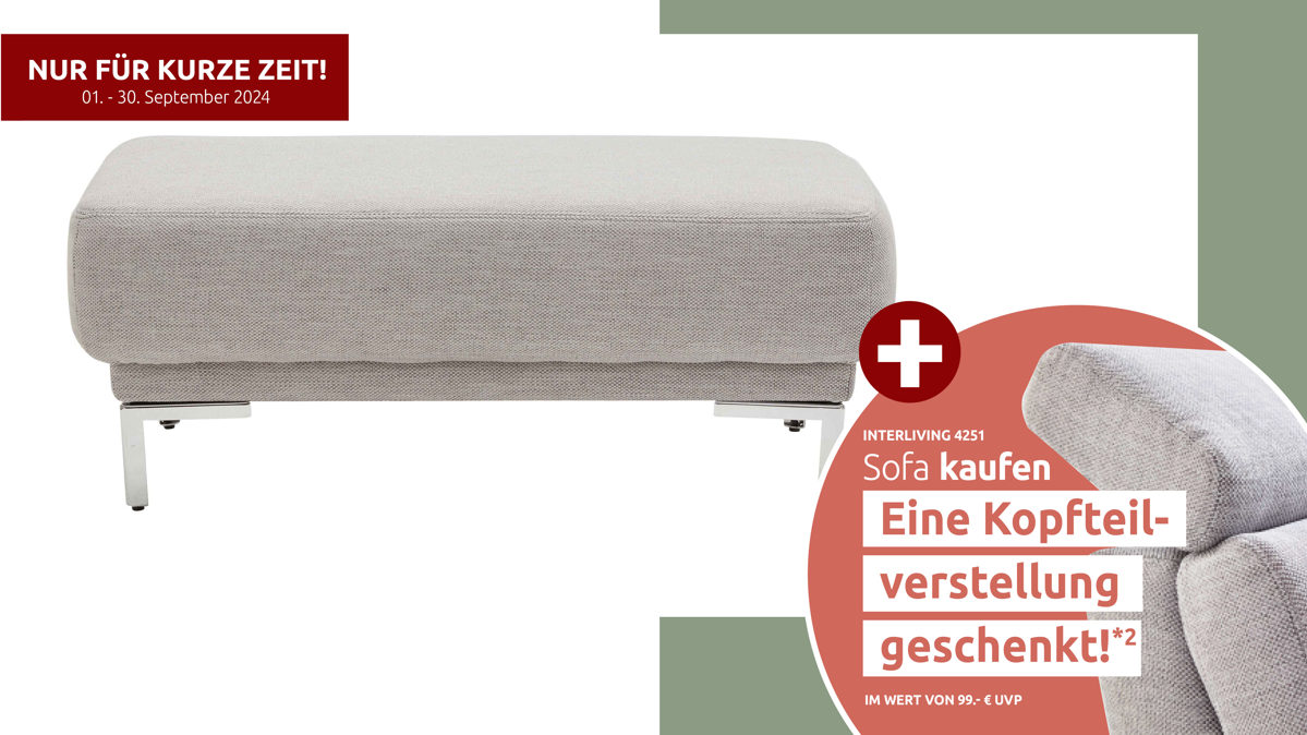 Polsterhocker Interliving aus Stoff in Hellgrau Interliving Sofa Serie 4251 – Polsterhocker 30005 hellgrauer Stoffbezug Sneak 149 & silberfarbene Metallfüße – ca. 95 x 65 cm