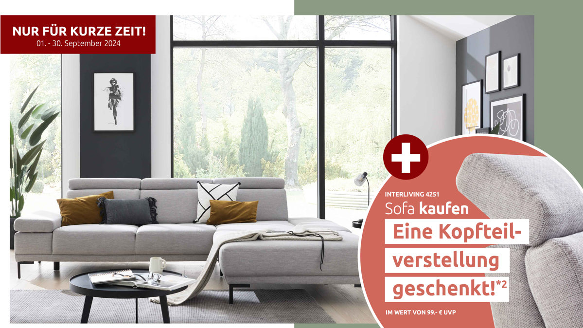 Ecksofa Interliving aus Stoff in Hellgrau Interliving Sofa Serie 4251 – Ecksofa mit Funktionen platinfarbener Bezug Vaneo 7 & schwarze Metallfüße 4.26 – Stellfläche ca. 300 x 225 cm