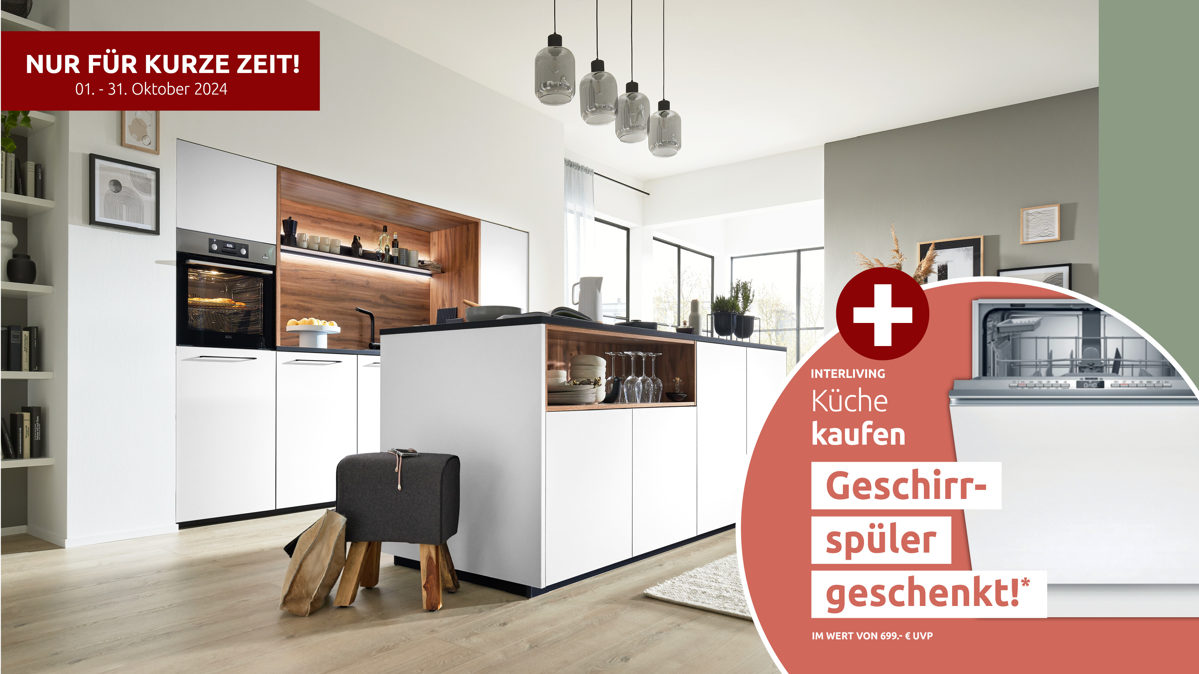 Einbauküche Interliving aus Holz in Weiß Interliving Küche Serie 3062 mit AEG Einbaugeräten Mattweiß & Sierra Eiche – dreizeilig