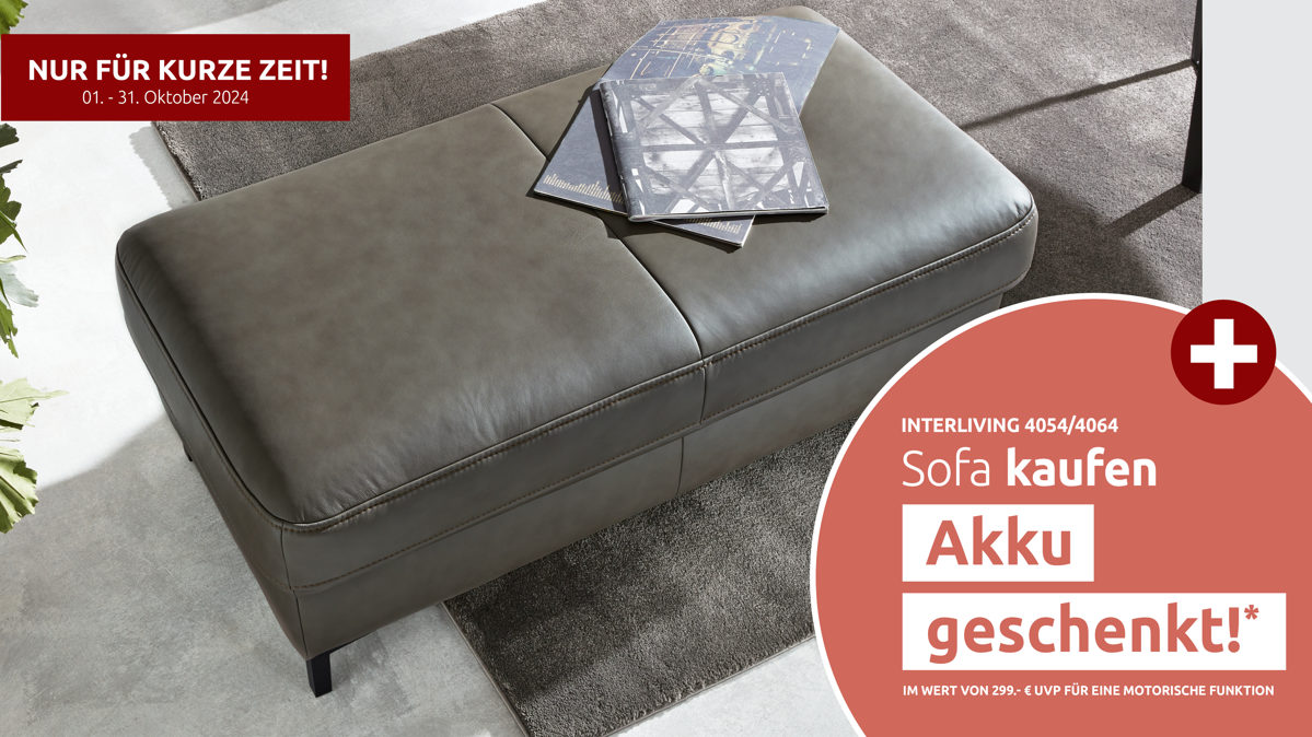 Polsterhocker Interliving aus Leder in Grau Interliving Sofa Serie 4054 – XXL-Hocker XXL Ho steingrauer LongLife-Leder Vivre & schwarze Metallfüße – ca. 130 x 60 cm