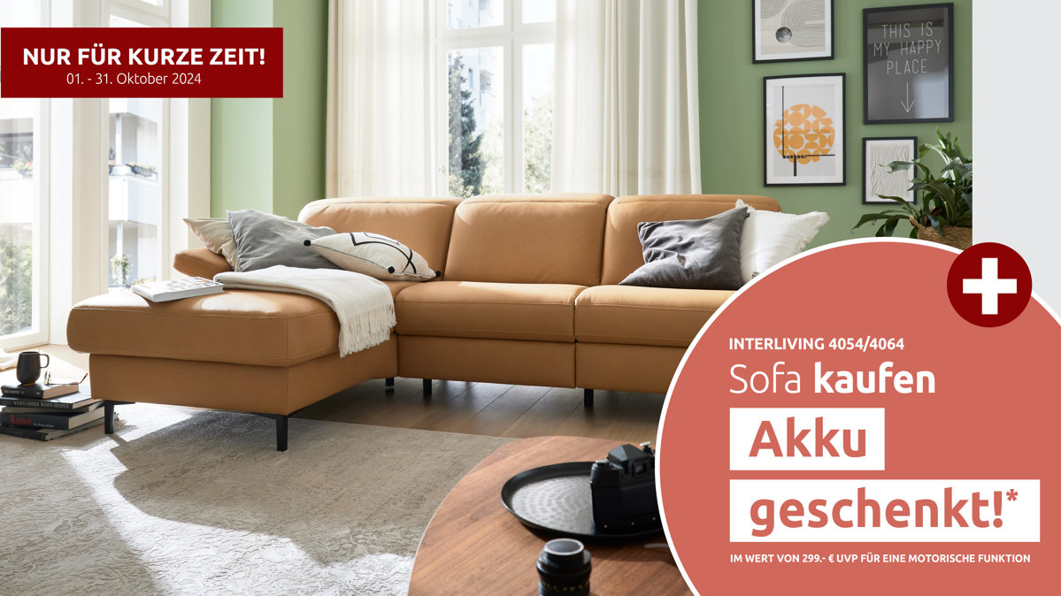 Ecksofa Interliving aus Stoff in Orange Interliving Sofa Serie 4064 - Ecksofa kurkumafarbene Mikrofaser Galero Punto & Fuß W003-01 - Stellfläche ca. 275 x 176 cm