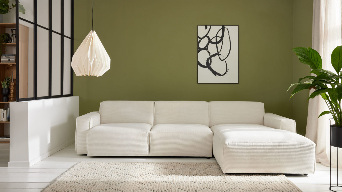 Ecksofa Roomio® aus Stoff in Weiß Roomio® No. 4100 - Ecksofa weißer Feincord - Stellfläche ca.  285 x 189 cm