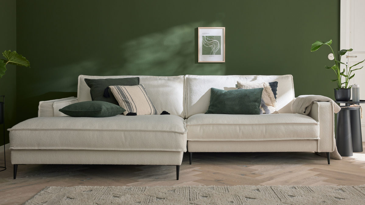 Ecksofa Roomio® aus Stoff in Weiß Roomio® No. 4102 - Ecksofa weißer Stoffbezug Loop & Metallfüße 908 MF - Stellfläche ca. 190 x 272 cm