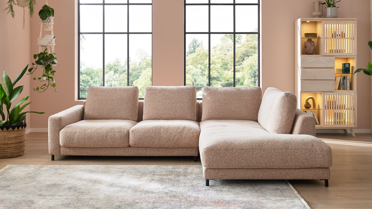 Ecksofa Roomio® aus Stoff in Rosa Roomio® No. 4103 - Ecksofa rostfarben melierter Bezug Donna & Metallfüße 1116 MFSM - Stellfläche ca.  302 x 223 cm