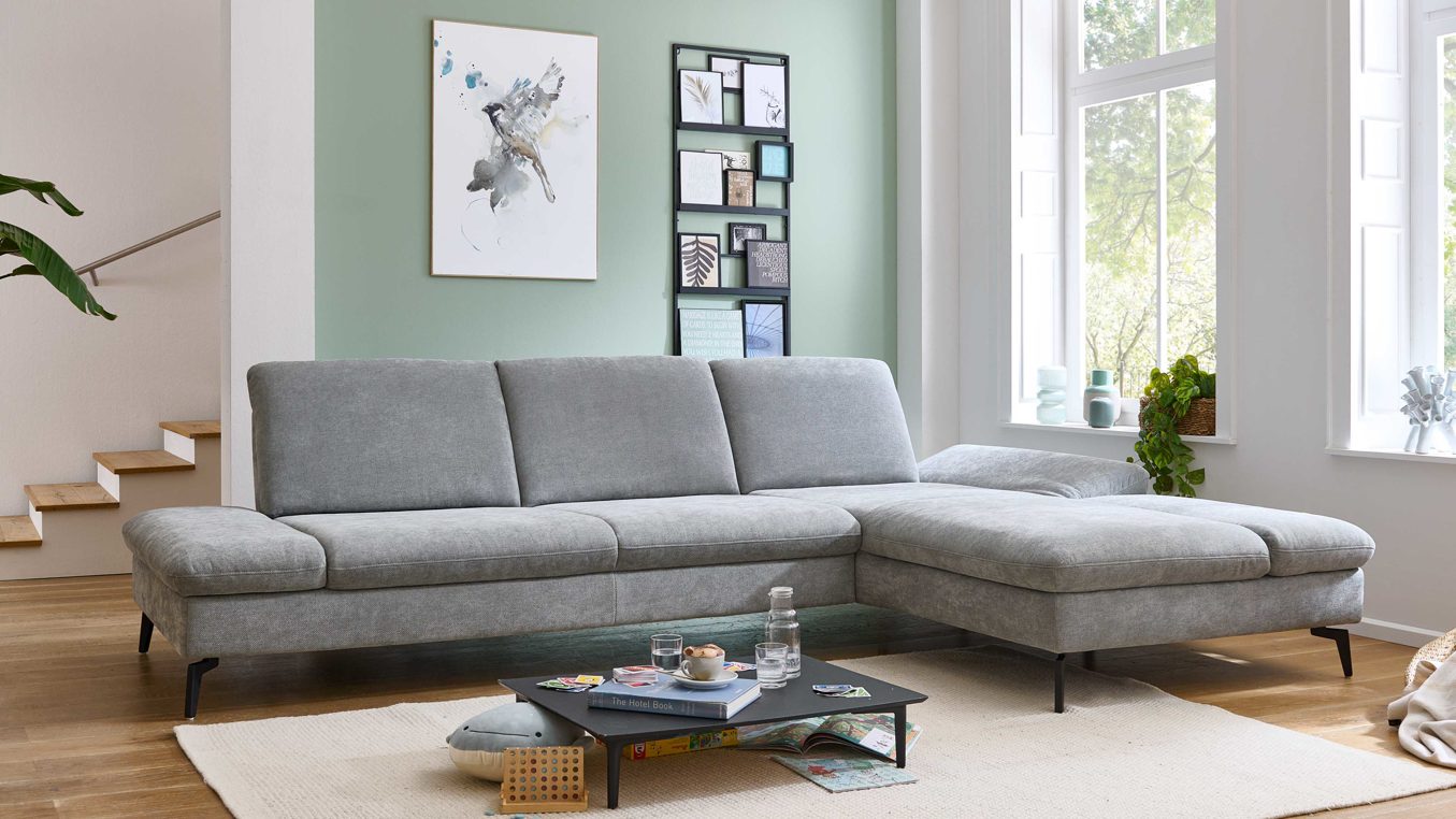 Ecksofa modulmaster aus Stoff in Grau Modulmaster Serie MM-MP1183 - Ecksofa mit Extra alufarbene Chenille Cody & schwarze Metallfüße – Stellfläche ca.  317 x 199 cm