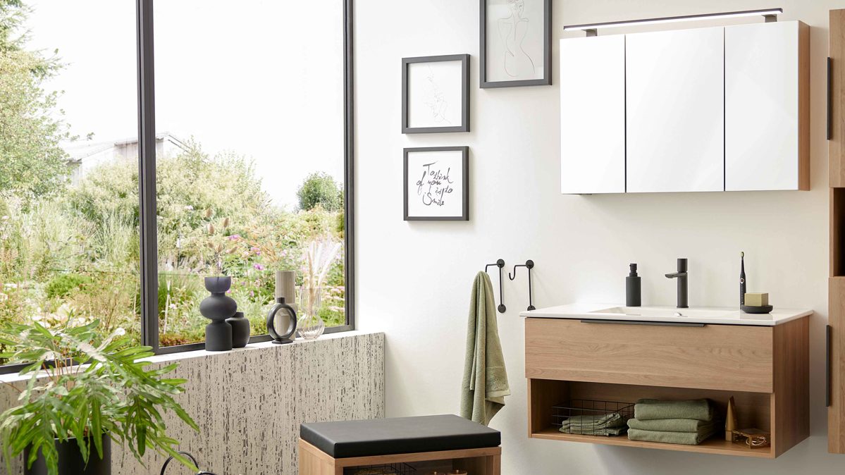 Badmöbel-Set Interliving aus Holz in Holzfarben Interliving Bad Serie 3702 - Badmöbel-Set 7751 braune Cuneo Eiche - dreiteilig