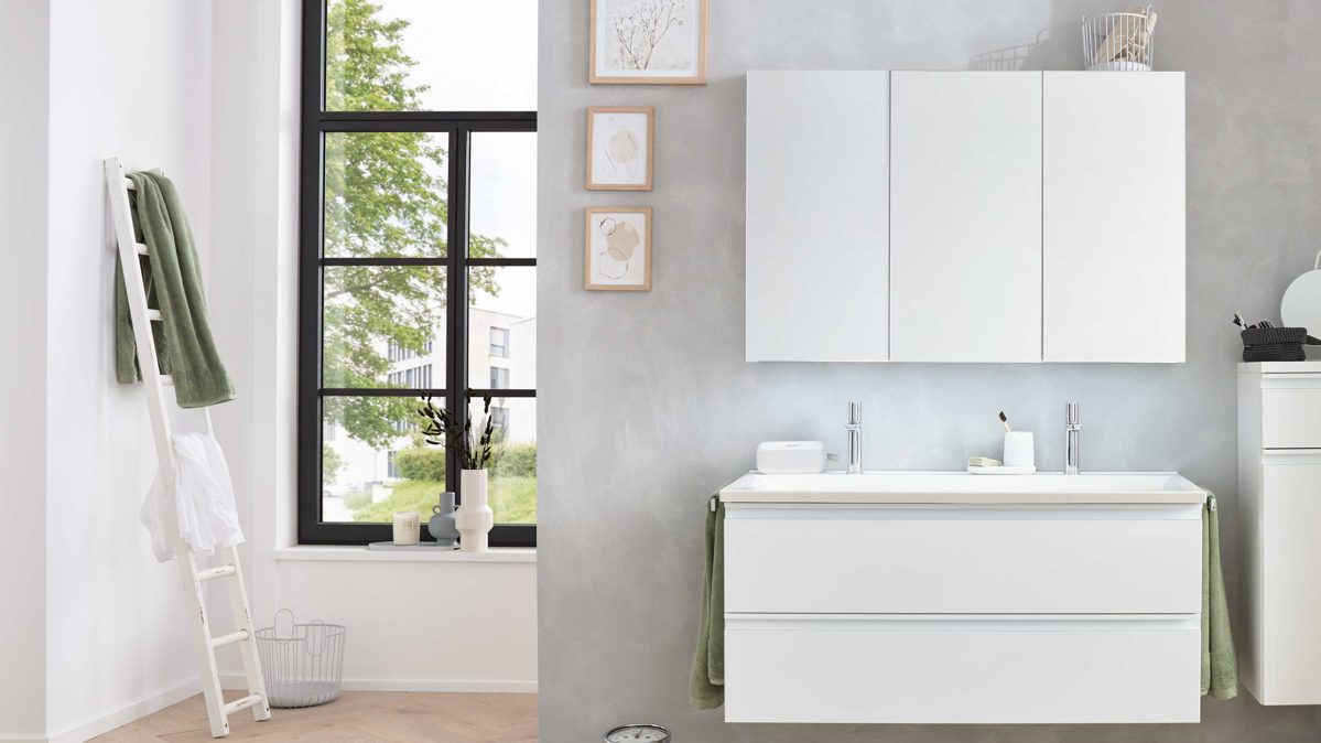 Badmöbel-Set Interliving aus Holz in Weiß Interliving Bad Serie 3702 - Badmöbel-Set 7793 Edelweiß - dreiteilig