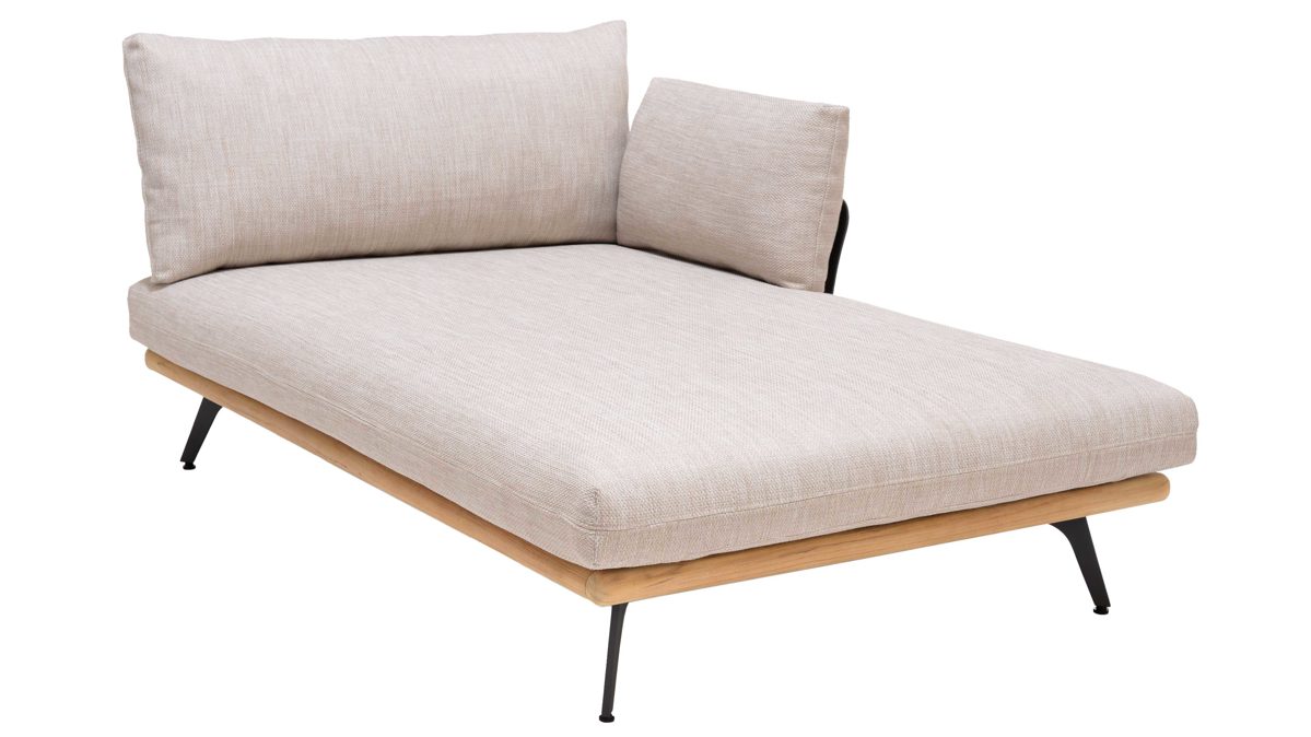 Gartensofa Scancom aus Metall in Beige LifestyleGarden® Loungemöbel-Serie Pearl - Daybed leinenfarbenes Olefin, Teakholz & Aluminium - Länge ca. 157 cm