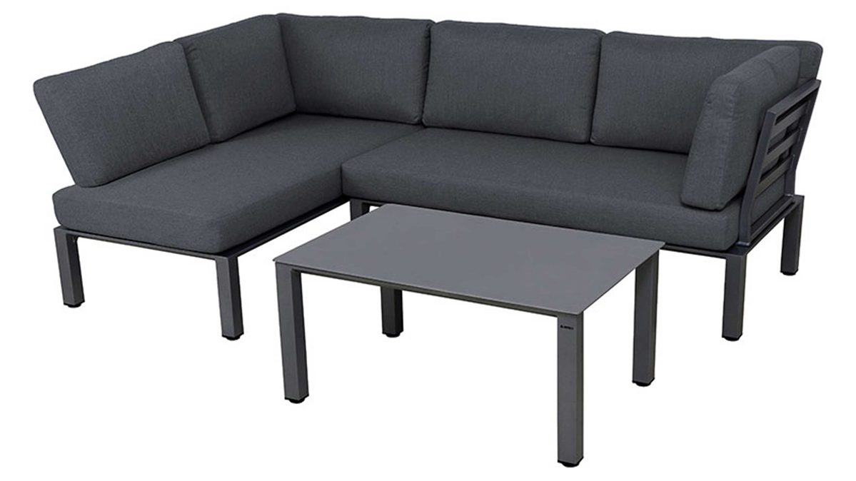 Lounge-Gruppe Mwh aus Kunstfaser in Dunkelgrau MWH Gartenmöbel Serie Widoo - Lounge-Set dunkelgrauer Bezug & eisengraues Aluminium - dreiteilig