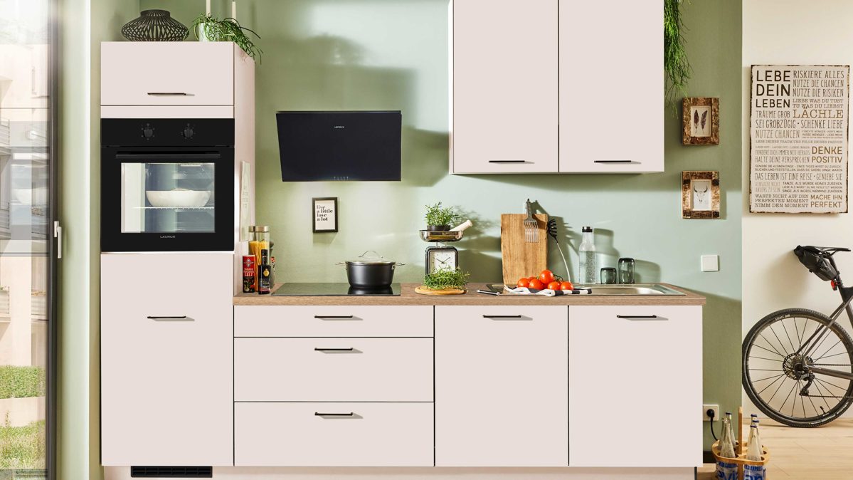 Einbauküche Pino aus Holz in Weiß pino Einbauküche inklusive Einbaugeräte Magnolienweiß - Länge ca. 270 cm