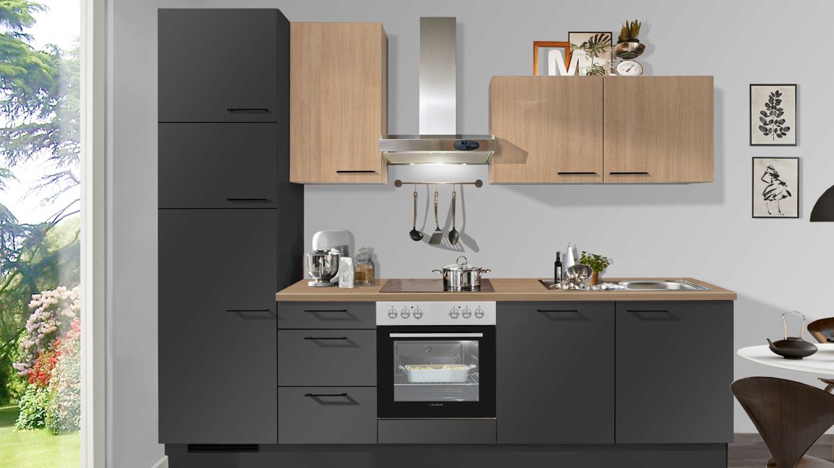 Einbauküche Pino aus Holz in Graphit pino Einbauküche inklusive Einbaugeräte Grafit & Eiche Aviva - Länge ca. 290 cm