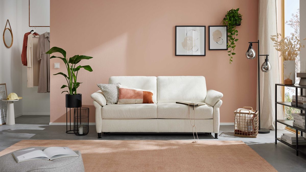 Schlafsofa Interliving aus Stoff in Weiß Interliving Schlafsofa Serie 4700 - Schlafsofa 140LÄ naturweißes Flachgewebe Cyber & schwarze Aluminiumfüße - Breite ca. 208 cm