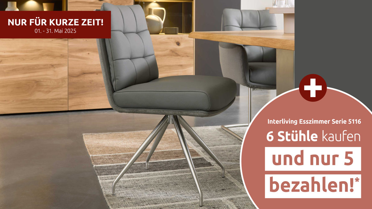 Vierfußstuhl Interliving aus Leder in Grau Interliving Esszimmer Serie 5116 – Polsterstuhl mit Drehfunktion grauer Materialmix Leder & Cord Fo-Sh, Edelstahlgestell F38-R