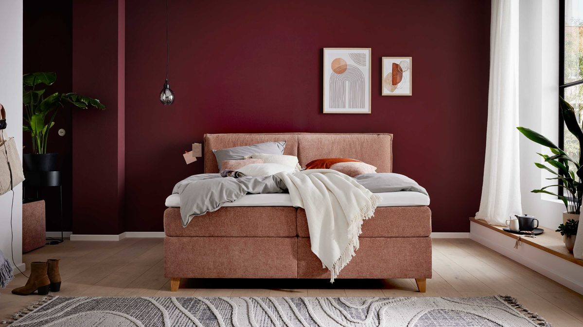 Boxspringbett Interliving aus Stoff in Rosa Interliving Bettensystem Serie 1420 - Boxspringbett sienafarbene Chenille Toni & Wildeichefüße - Liegefläche ca. 180 x 200 cm
