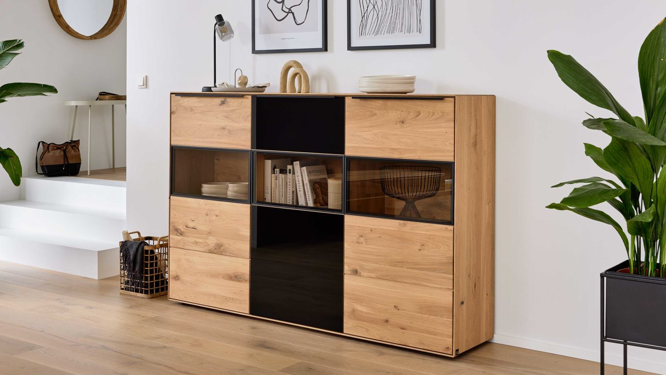 Highboard Interliving aus Holz in Holzfarben Interliving Wohnzimmer Serie 2033 - Highboard 126136 Asteiche & Parsolglas - drei Türen, Breite ca. 182 cm