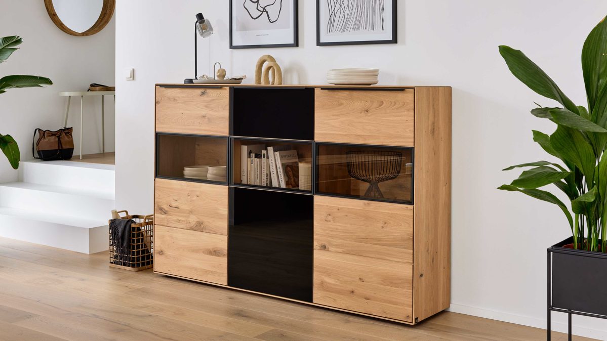 Highboard Interliving aus Holz in Holzfarben Interliving Wohnzimmer Serie 2033 - Highboard 126136 Asteiche & Parsolglas - drei Türen, Breite ca. 182 cm