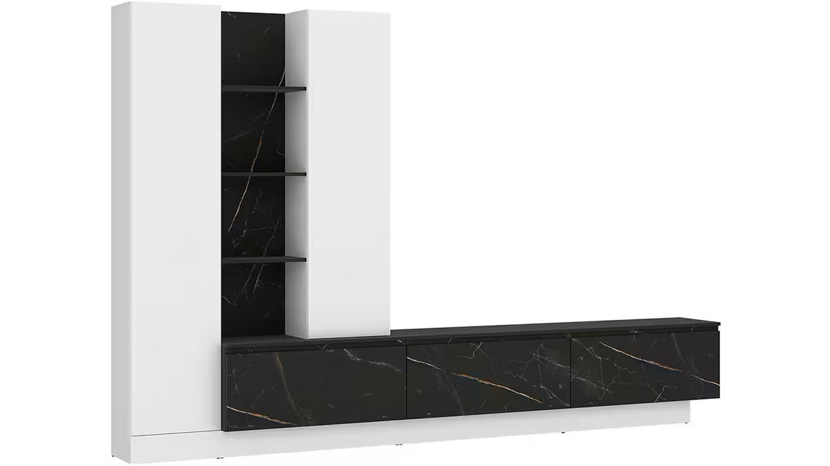 Wohnwand Wojcik aus Holz in Weiß Schwarz Wohnwand Modesto Alpinweiß & Marmoroptik Schwarz - Breite ca. 295 cm