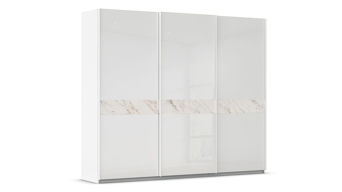 Kleiderschrank Rauch aus Holz in Weiß rauch ORANGE Marbel - Schwebetürenschrank Alpinweiß & helle Marmoroptik - drei Türen, Breite ca. 270 cm