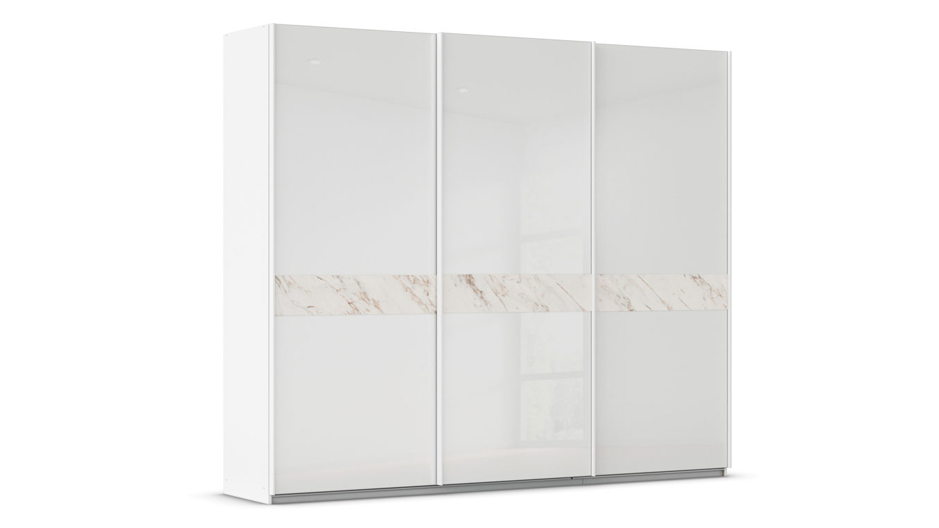 Kleiderschrank Rauch aus Holz in Weiß rauch ORANGE Marbel - Schwebetürenschrank Alpinweiß & helle Marmoroptik - drei Türen, Breite ca. 270 cm