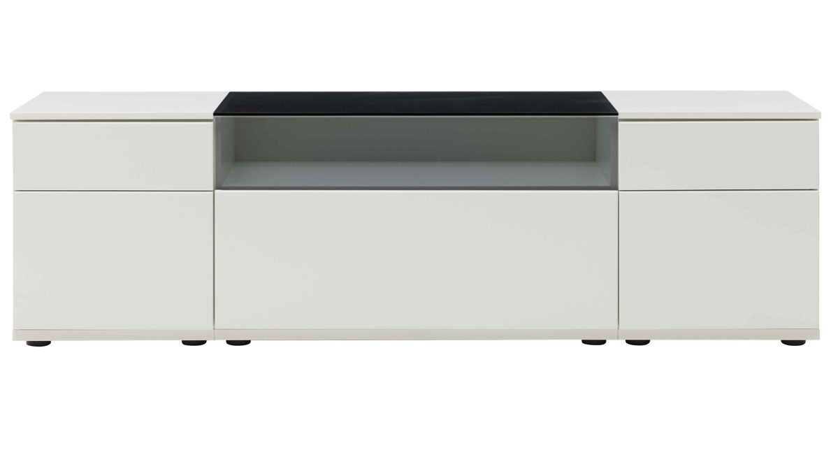 Lowboard Interliving aus Holz in Weiß Interliving Wohnzimmer Serie 2031 - Lowboard als Medienmöbel Tonweiß & graues Glas - zwei Türen, eine Schublade, Breite ca. 180 cm