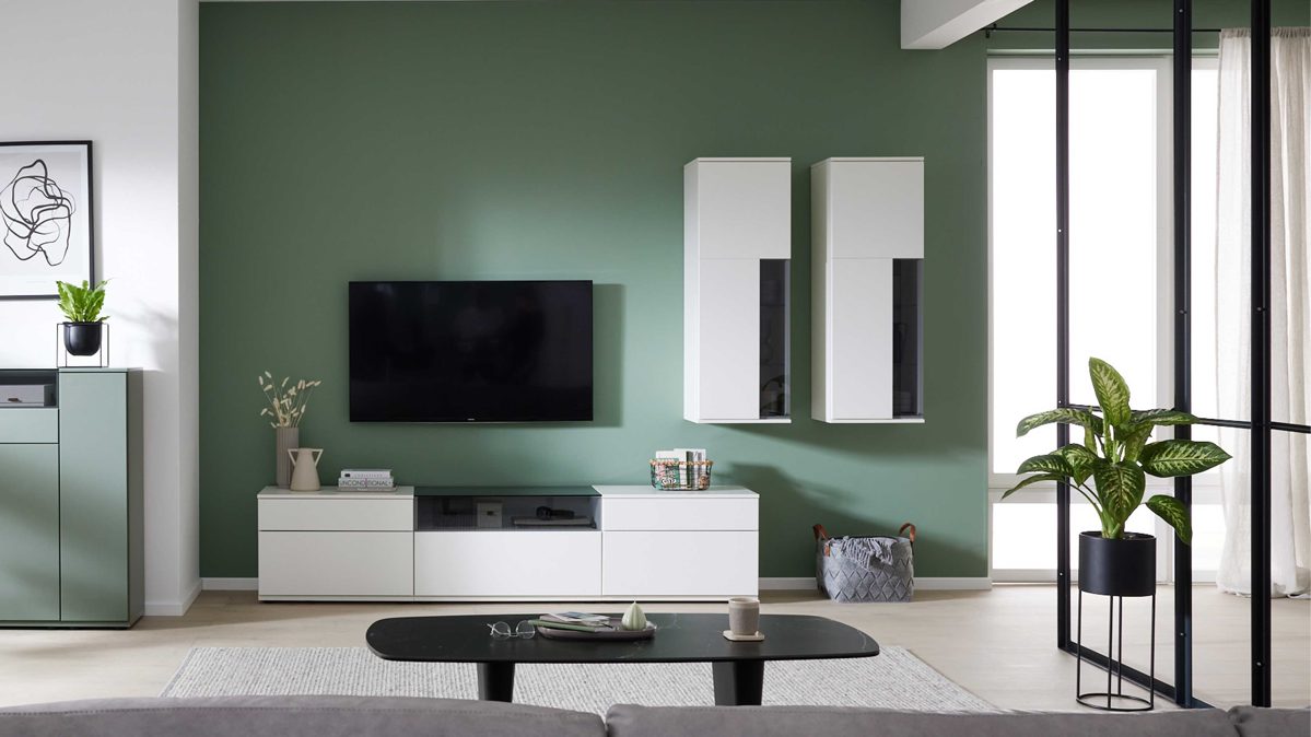 Wohnwand Interliving aus Holz in Weiß Interliving Wohnzimmer Serie 2031 - Wohnlösung Tonweiß & graues Glas - Länge ca. 270 cm