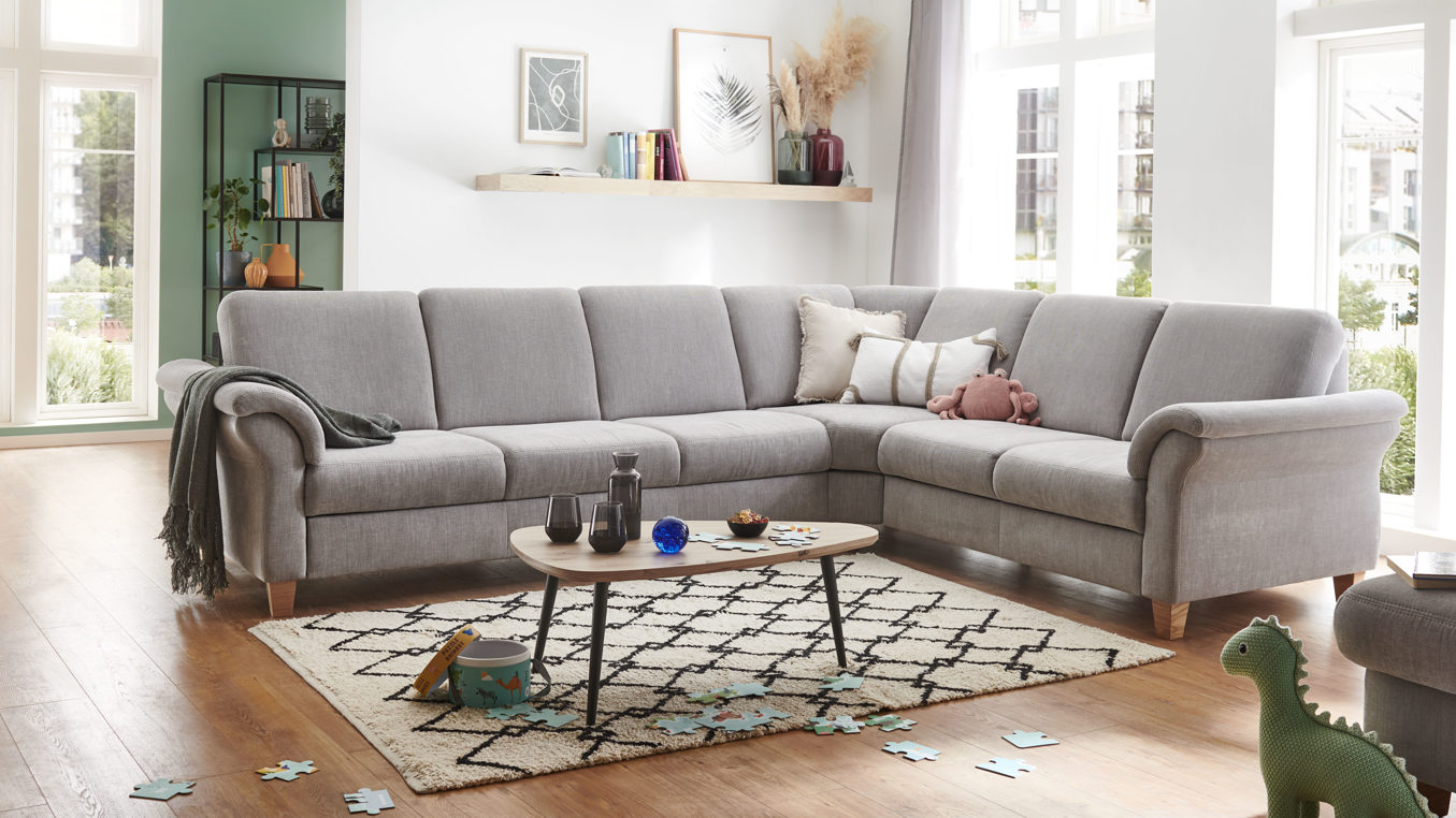 Ecksofa modulmaster aus Stoff in Grau Modulmaster MM-PP1189 - Ecksofa platinfarbener Webstoff Longlife Easy & biancofarbene Holzfüße - Stellfläche ca. 300 x 242 cm