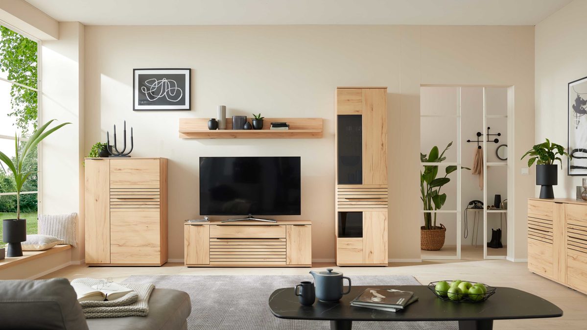 Wohnwand Interliving aus Holz in Holzfarben Interliving Wohnzimmer Serie 2032 - Wohnwand EB33001 Balkenbuche - Länge ca. 330 cm