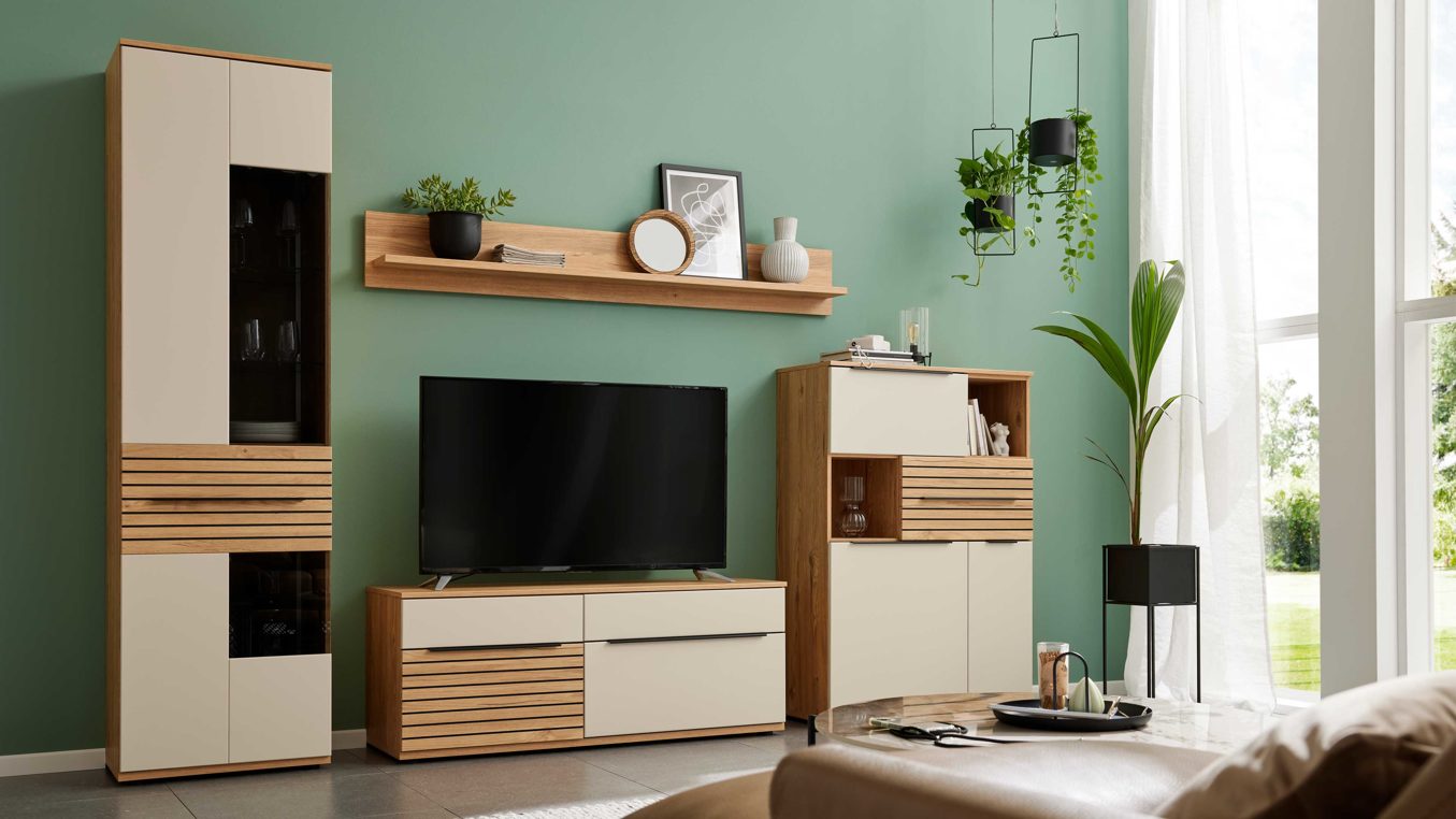 Wohnwand Interliving aus Holz in Beige Interliving Wohnzimmer Serie 2032 - Wohnwand EB31501 Sandbeige & Risseiche - Länge ca. 315 cm