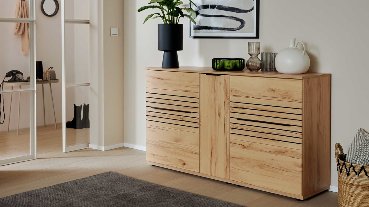 Sideboard Interliving aus Holz in Holzfarben Interliving Wohnzimmer Serie 2032 - Sideboard C15063 Balkenbuche - drei Türen, Länge ca. 150 cm