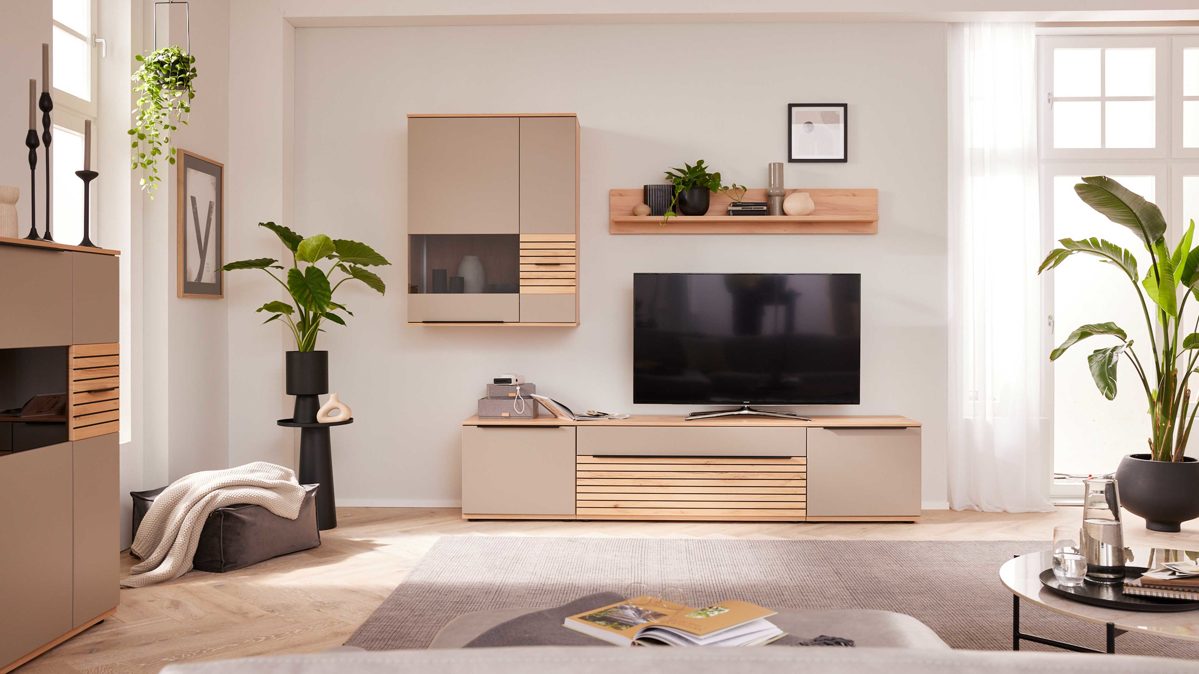 Wohnwand Interliving aus Holz in Grau Interliving Wohnzimmer Serie 2032 - Wohnwand EB27001 Grau & Balkenbuche - Länge ca. 315 cm