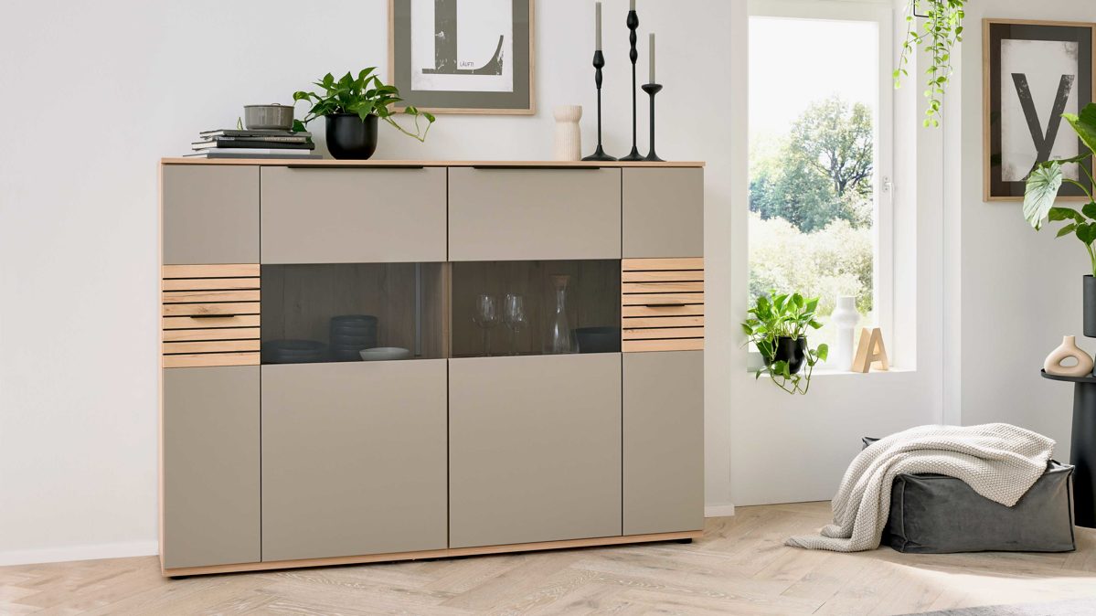 Highboard Interliving aus Holz in Grau Interliving Wohnzimmer Serie 2032 - Highboard B18071 Grau & Balkenbuche - vier Türen, Breite ca. 180 cm