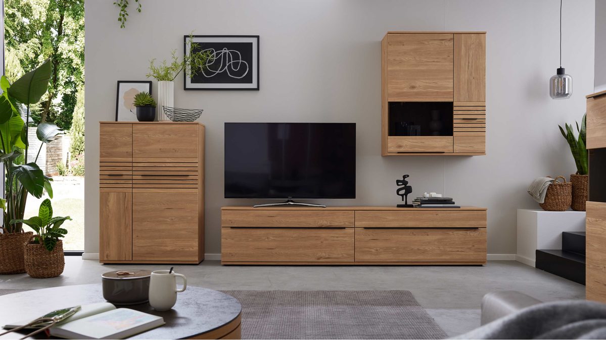 Wohnwand Interliving aus Holz in Holzfarben Interliving Wohnzimmer Serie 2032 - Wohnwand EB34501 Balkenbuche - Länge ca. 345 cm