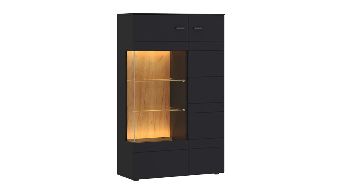 Vitrine KAWOO aus Holz in Schwarz KAWOO Wohnprogramm Jacky - Vitrine Schwarz & Coast Evoke Eiche - ca. 85 x 141 cm