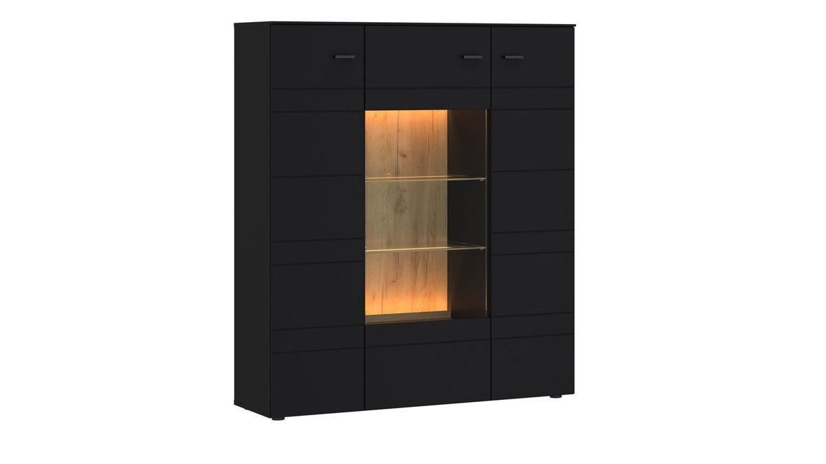 Vitrine KAWOO aus Holz in Schwarz KAWOO Wohnprogramm Jacky - Vitrine Schwarz & Coast Evoke Eiche - ca. 120 x 141 cm