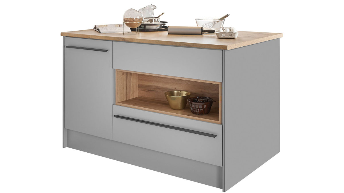 Einbauküche Bega bbk aus Holz in Grau Kücheninsel Grau & Lanzelot Eiche – ca. 145 x 90 cm