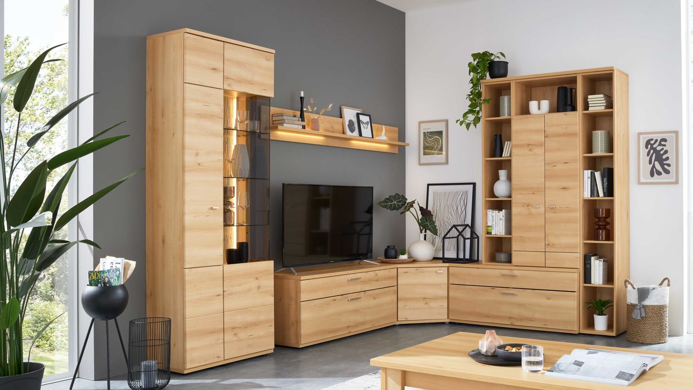Wohnwand Interliving aus Holz in Holzfarben Hell Interliving Wohnzimmer Serie2110 - Eck-Wohnlösung Naturbuche - Stellfläche ca. 287 x 277 cm