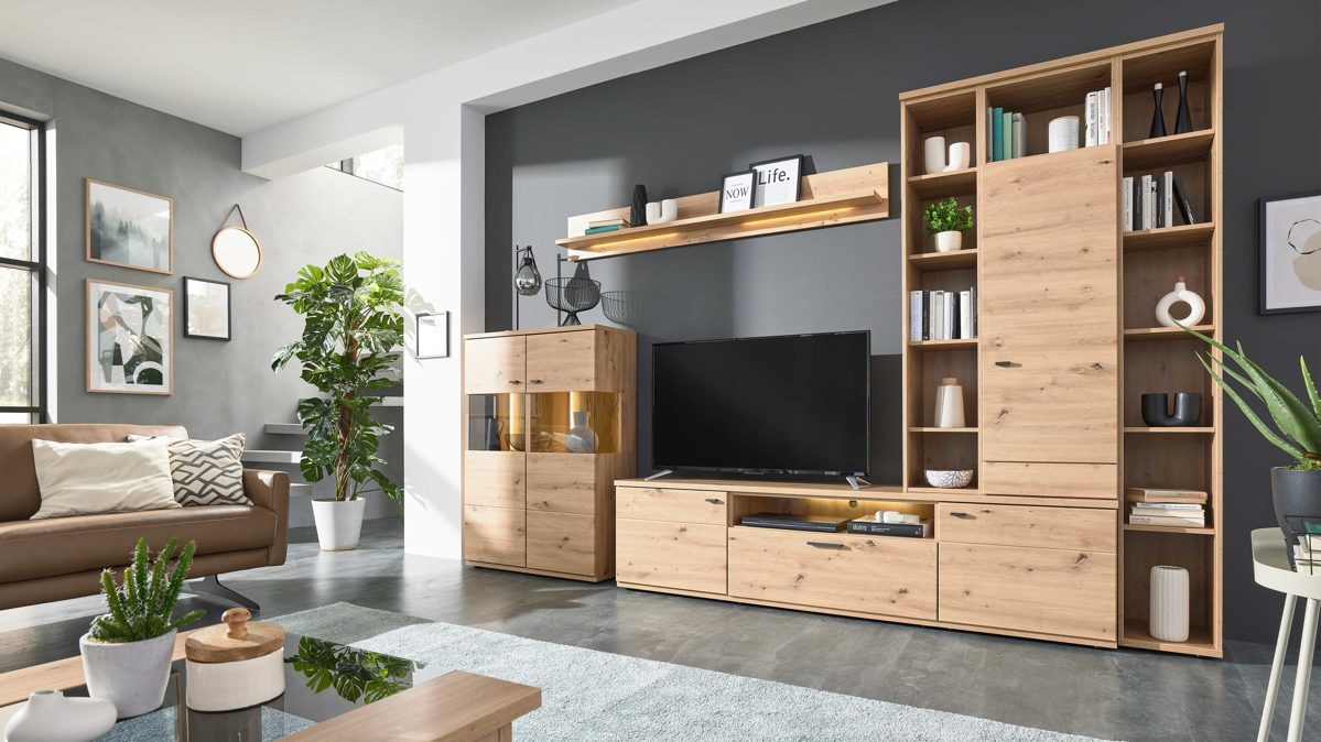 Wohnwand Interliving aus Holz in Holzfarben Interliving Wohnzimmer Serie 2110 - Wohnwand EB34502 Alteiche - Breite ca. 345 cm