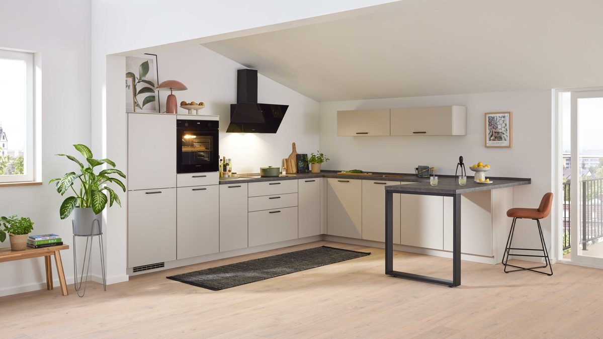 Einbauküche culineo® aus Holz in Beige Culineo® Einbauküche C615 mit Einbaugeräten Sand - Stellfläche ca. 370 x 395 cm