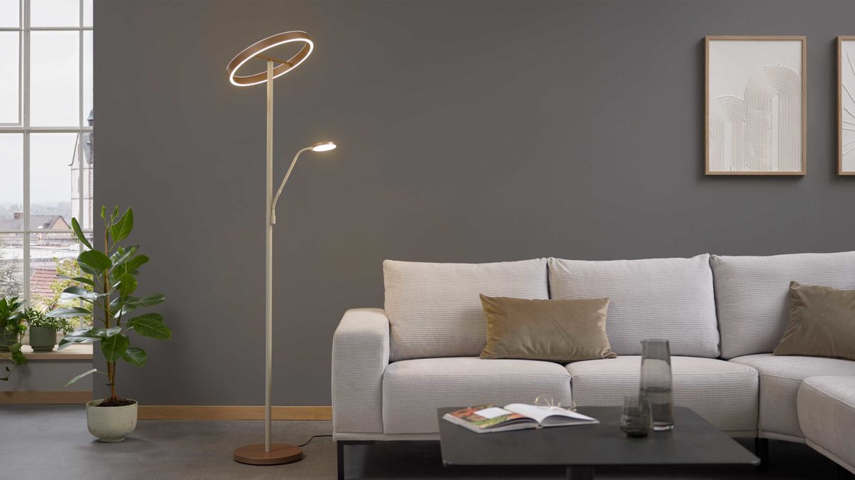 Stehleuchte Interliving aus Metall in Hellgrau Interliving Leuchten Serie 9352 - Stehlampe mit Leselicht warmgraues & kaffeefarbenes Metall - Höhe ca. 180 cm