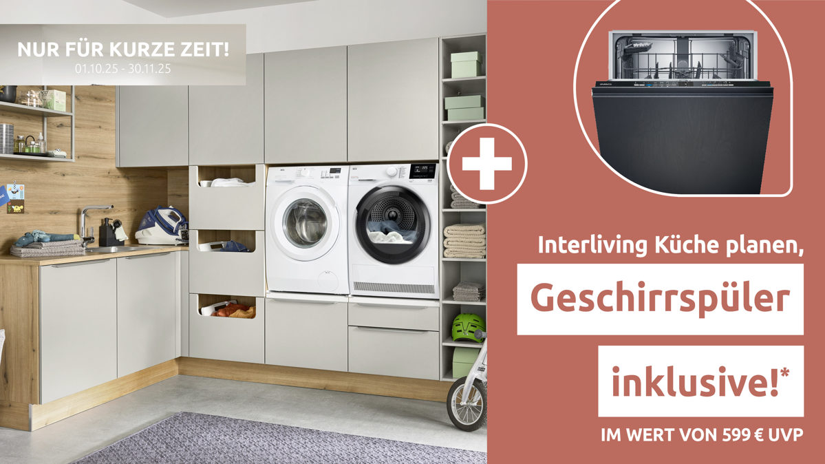 Einbauküche Interliving aus Holz in Grau Interliving Küche Serie 3087 - Hauswirtschaftsraumlösung Platingrau & Eiche Ventura – Stellfläche ca. 190 x 275 cm